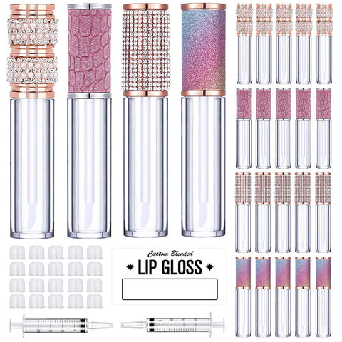AMORIX 20 Pack Diamond Lip Gloss Tubes with Wand 5ml Empty Rhinestone Cute Lipgloss Bottles/Containers Crystal Lip Gloss Supplies Kit + 2pcs Syringes + Labels for DIY Lip Gloss Base