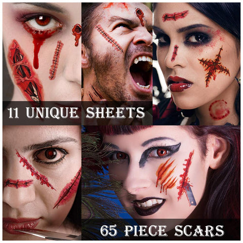 Zombie Makeup, 11 sheets Zombie Tattoos, Zombie Makeup Kit, Halloween Makeup Kit, Scar Tattoo, Fake Blood Makeup Fake Scars Cuts, Vampire Makeup, Healthy Makeup for Kids, 11 Sheets,67 pics Scars