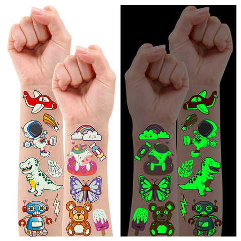 Partywind 380 Styles (30 Sheets) Luminous Tattoos for Kids, Mixed Styles Temporary Tattoos Stickers with Unicorn/Mermaid/Dinosaur/Outer Space/Pirate for Boys and Girls, Glow Party Supplies Gifts for Children
