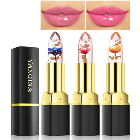 Yeweian 3Pcs Jelly Clear Crystal Flower Lipstick Set, Magic PH Temperature Color Changing Lipstick Lip Gloss, Natural Moisturizing Lip Balm Korean Labiales Magicos Lip Gloss Lip Tinted Stain Makeup