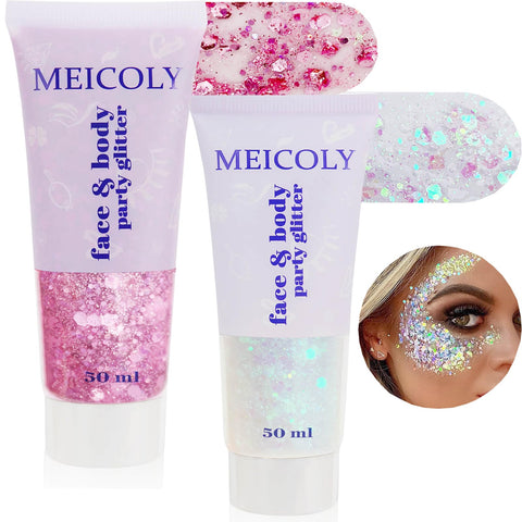 MEICOLY 2pcs Face Body Glitter,Singer Concerts Festival Rave Accessories,Mermaid Face Glitter Gel,Sparkling Sequins Glitter Face Paint,Chunky Glitter for Eye Lip Hair,100ml,White+Pink