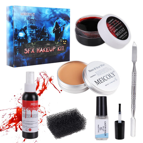 MEICOLY SFX Makeup Kit Scars Wax, Fake Blood Spray(2.1Oz) Halloween Special Effects Wound Modeling Skin Wax(1.67Oz) with Spatula, Black Stipple Sponge, Coagulated Blood Gel(1.06Oz),5ml Castor Sealer,02