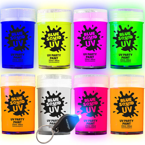 Glow In The Dark Paint - Blue Squid Fluorescent Glow Face & Body Paint for UV & Blacklight | Set of 8 Neon Face Paint Colors + FREE BONUS Ultraviolet Flashlight | Bright Glowing Makeup for Festivals