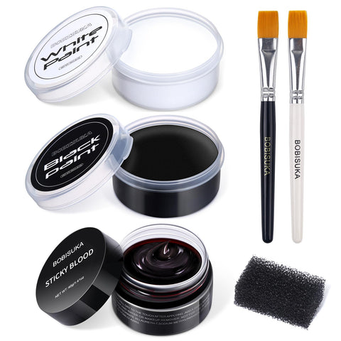 BOBISUKA Black & White Oil Face Body Paint + Coagulated Fake Blood Gel Set, Large Capacity Professional Paint Palette Kit with Brushes & Sponge for Art Theater Halloween Party Cosplay Clown Sfx Makeup for Adults
