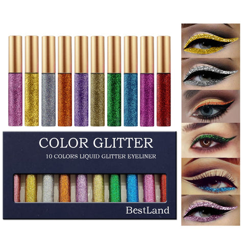 10 Colors Liquid Glitter Eyeliner Metallic Shimmer Glitter Eyeshadow Pigment Eyebrown Shimmer Waterproof Face Lips Art for Party Festival Makeup