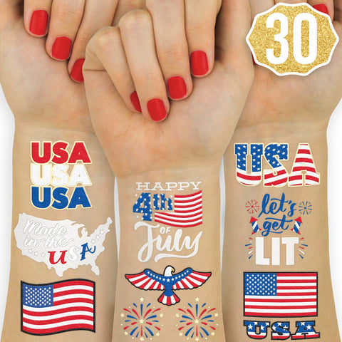 xo, Fetti Fourth of July Decorations Temporary Tattoos - 30 styles | America, Red White and Blue Party Supplies, 4th of July, USA,Memorial Day, Independence Day, Labor Day