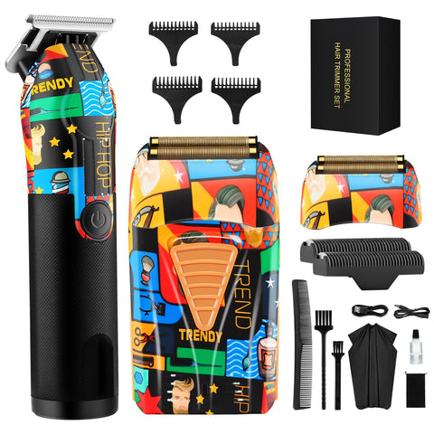 HIENA PRO Hair Trimmers and Electric Shaver for Men Kit? Men‘s Professional Cordless Barbers Mens Hair Clippers? Graffiti Zero Gapped Hair Trimmer, Double Foil Shaver with a Replacement Blade Head