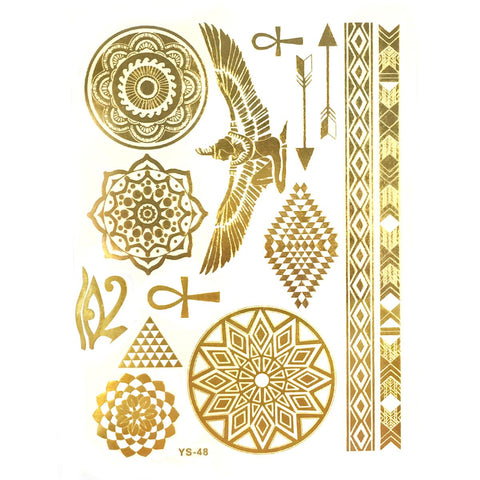 ALLYDREW Large Metallic Gold Silver and Black Body Art Temporary Tattoos, Circle Motifs, Hieroglyphs_1