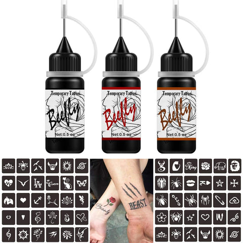 Temporary Tattoos Kit Semi Permanent Tattoo Freehand Bottle with Special Design Tattoo Stencils,Diy Fake Freckles 3 Bottles(Black/Red/Brown)