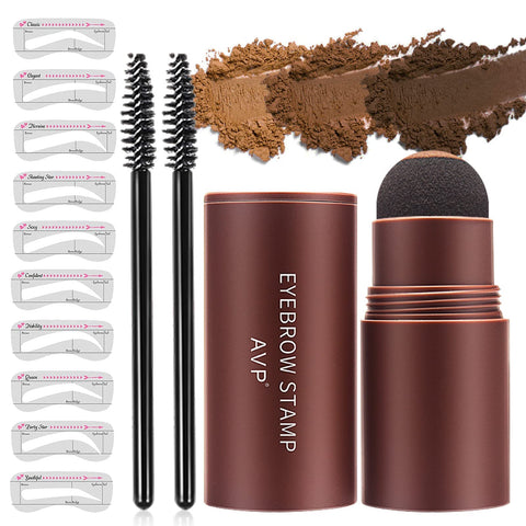 Eyebrow Stamp Stencil Kit- Brow Stamp and Shaping kit, One Step Brow Stamp Makeup Powder with 10 Reusable Eyebrow Stencil for Perfect Brows, Long-lasting, Waterproof, Hairline Shadow Powder Stick (Dark Brown)