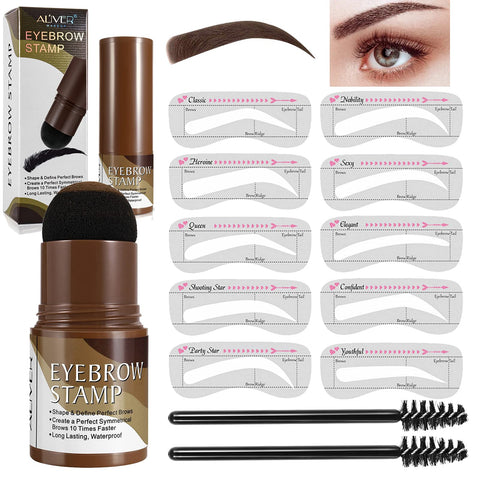 Eyebrow Definer Powder Stamp Makeup with 10 Reusable Stencils Long Lasting Waterproof for Perfect Brow (Dark Brown)