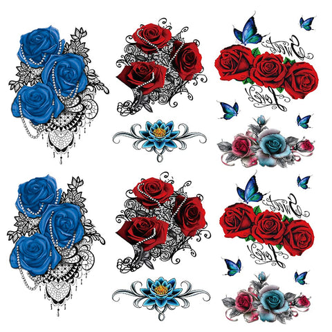 Yesallwas 6 Sheets Rose Temporary Tattoo Sticker Fake Tattoos for Women Girls Models,Waterproof Long Lasting Body Art Makeup Sexy Realistic Arm Tattoos -Rose, Flowers?Jewelry (Blue+Red)
