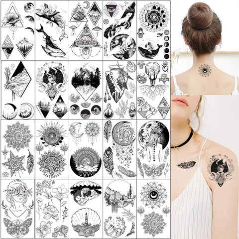 20 Sheets Black Tiny Temporary Tattoo, Hands Face Tattoos Sticker for Men Women, Forest Mountain Designs Body Art on Arm Neck Shoulder Clavicle Waterproof