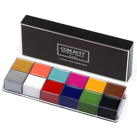 CCbeauty Professional Face Body Paint Oil Based, 12 Colors Halloween Body Paint Palette Art Party Fancy Makeup, Non Toxic and Easy On Off,Large-Capacity Cases, Deep