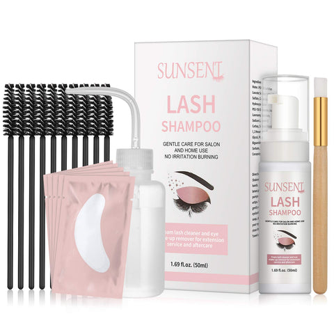 Eyelash Extension Shampoo Kit Oil Free Formula,SUNSENT Eyelash Extension Cleanser,Eye Makeup Remover/Primer for Home & Salon Use,Lash Shampoo 50ml+10pcs Mascara Wand+5 Pairs Under Eye Gel Pads+Brush