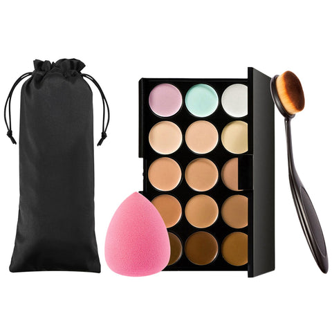 Vtrem 15 Colors Contour Palette Kit Conture Makeup Concealer Palette Powder Cream Camouflage Eye Shadow Face Contouring Foundation Palette with Toothbrush Foundation Brush & Powder Sponge