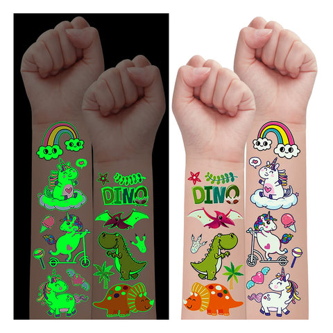 Luminous Temporary Tattoos for Kids, 135 Styles Glow Unicorn and Dinosaur Tattoo Stickers, Unicorn Dinosaur Birthday Decorations Party Supplies Favors Gifts for Boys and Girls (10 Sheets)