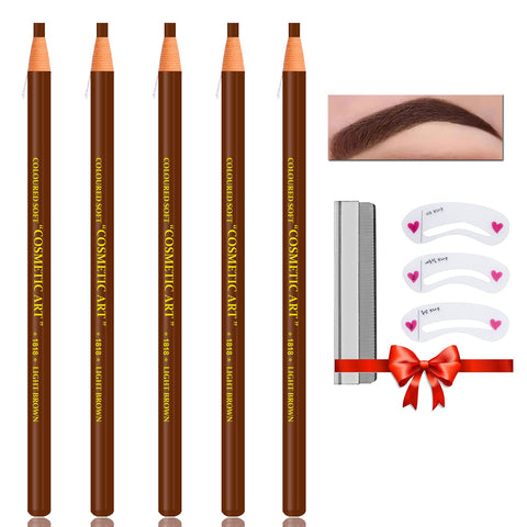 QIUFSSE Waterproof Eyebrow Pencil Light Brown Brow Pencil Set For Marking,Filling and Outlining,Eyebrow Tattoo Makeup Microblading Supplies Kit,5Pcs Microblading Eyebrow Pen with Eyebrow Stencil Eyebrow Tool