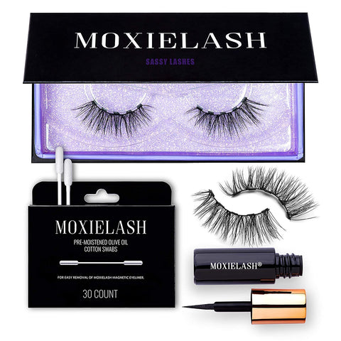 MoxieLash Magnetic Eyelashes with Eyeliner Kit - Sassy Bundle - Natural Looking False Eyelashes - 5 Magnet Lash Band - Set of Sassy Lashes + Magnetic Eyeliner + Eyeliner Remover Swabs - USA Owned - No Glue