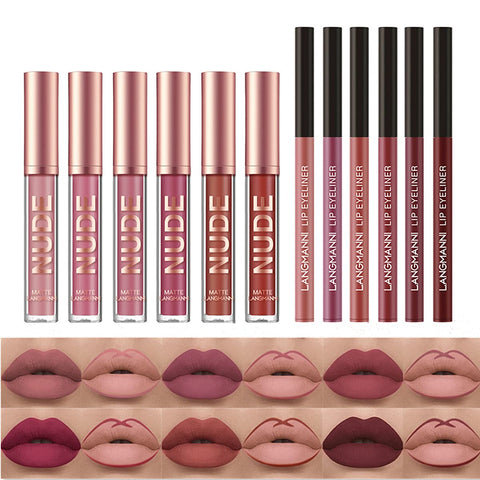 12pcs Lipstick Makeup Set, 6pcs Velvety Matte Liquid Lipsticks + 6pcs Lip Liners Pencil, Waterproof Long Lasting Pigmented Professional Lip Gloss Kit Lip Make Up Gift Kit