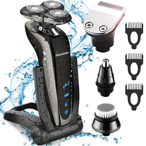 Kurener Electric Shaver Razor for Men Rechargeable 100% Waterproof Rotary for Shaving with Nose Trimmer Sideburns Trimmer Face Cleaning Brush
