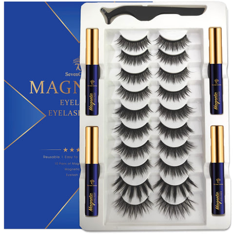 3D Magnetic Eyelashes 7C SevenCrown Magnetic Lashes with Eyeliner,Natural Looking, Lightweight,Long Lasting,High Volume,Reusable Faux mink lashes Easy to Apply 10 Pairs