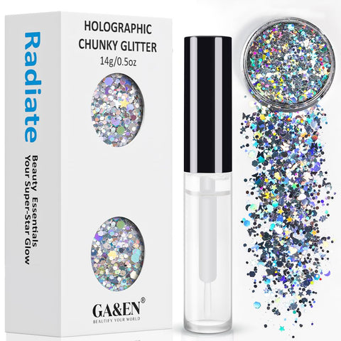 Silver Holographic Chunky Cosmetic Glitter Body Hair Face Eye Nail for Festival Carnival Concert Party Beauty Rave Accessories Different Sizes&Shapes ?14g + Quick Dry Primer Glue Gel(5ml)