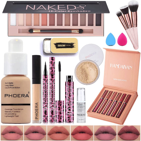 All In One Makeup Kit,12 Colors Eyeshadow Palette,PHOERA Foundation,6 Colors Lipstick Set,PHOERA Primer Powder Concealer Contour,Eyebrow Soap,Waterproof Eyeliner and Mascara, Makeup Brush Set