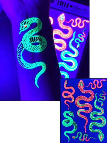 Temporary UV Reactive Tattoos - 1 Sheet Snake Design Body Paint Art Blacklight Festival Accessories Glow in the Dark Party Supplies | 7.2” x 5.2” Temp Great for EDM EDC Party Rave Parties