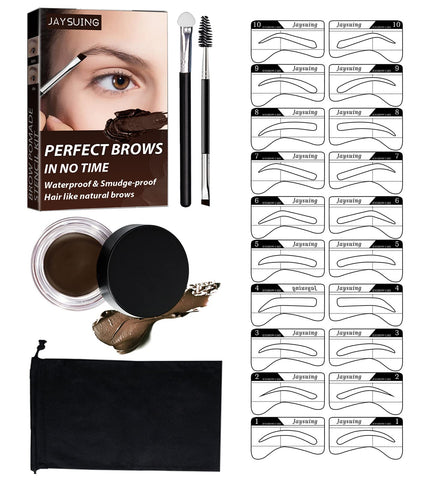 Eyebrow Stamp and Eyebrow Stencil Kit, Professional Eyebrow Makeup Kit, Long Lasting Waterproof Smudge Proof Eyebrow Styling Pomade for Natural Brows, Brow Stamping Trio Kit with 20 Stencils Sponge Applicator, Light Brown