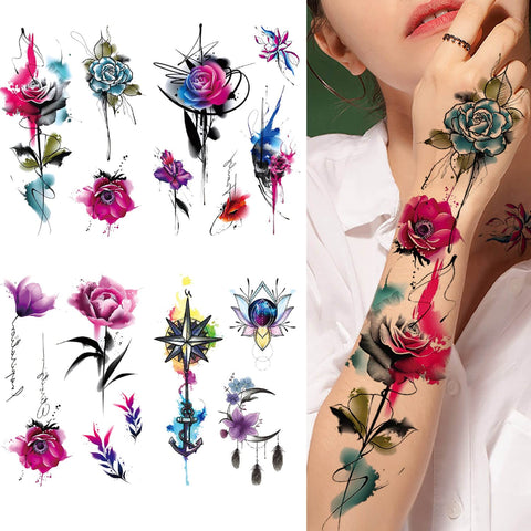 Glaryyears Watercolor Flowers Temporary Tattoo for Women Girls, Long Lasting Realistic Fake Temp Tattoos Stickers, 10 Pack Henna Large Big Makeup on Adults Body Sleeve Arm Neck Chest Wrist Waterproof