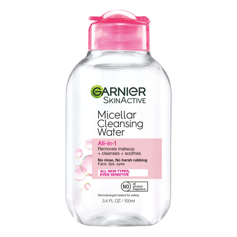 Garnier SkinActive Micellar Cleansing Water, All-in-1 Makeup Remover and Facial Cleanser, For All Skin Types, 3.4 Fl Oz (100mL), 1 Count (Packaging May Vary)