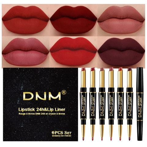 evpct 6Pcs Red Lip Liner and Lipstick Lip Stain Crayon Gift Set for Women DNM Dark Deep Red Nude Long Lasting 24 Hour Matte Color Stay Lipstick with Lip Liner Set labiales mate 24 horas originales