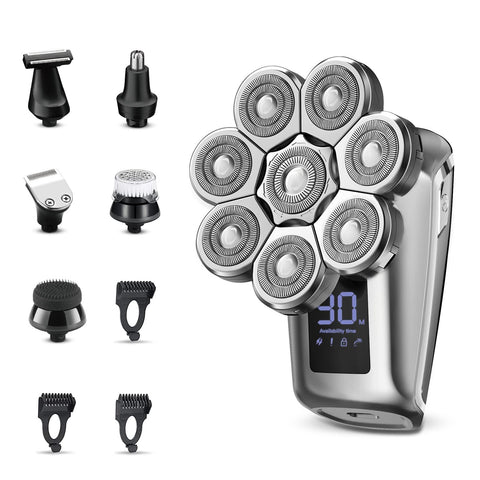 Mr.wintek 8D Electric Head Shavers for Bald Men, 9 in 1 Head Shaver with LED Display Screen, Waterproof Body, and USB Charging- Perfect for Home and Travel (Head Shaver, Silver)