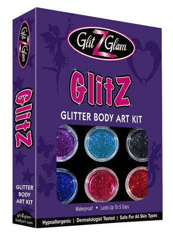 Glitter Tattoo Kit- NEW GLITZ - with 6 Large Glitters & 12 Stencils - HYPOALLERGENIC and DERMATOLOGIST TESTED! - for boys & Girls. Children Tattoos by GlitZGlam Body Art Multicolor