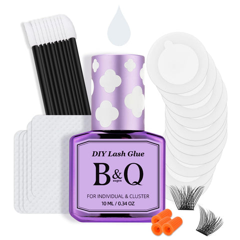 Lash Clusters Glue 10 ML B&Q LASH Bond Long Lasting False Eyelash Glue for DIY Eyelash Extension Lash Wisps Glue Waterproof Glue for Cluster Lashes with Micro Brushes (White,10ml)