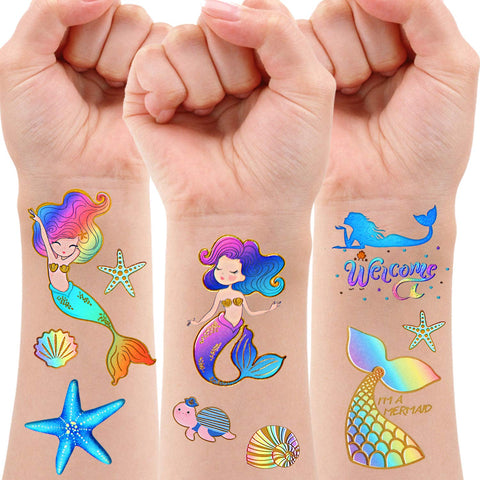 Mermaid Party Supplies Temporary Tattoos for Kids - Glitter Mermaid Birthday Party Favors, Mermaid Tail Decorations + Halloween Easter Makeup ( 6 Sheet )