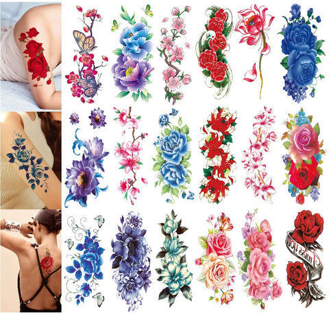 YAKAGO 21 Sheets Flower Temporary Tattoos For Women Rose Cherry Peony Peach Blossoms Fake Tattoo Body Art Adult Waterproof Stickers