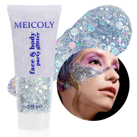 MEICOLY Silver Body Glitter,Singer Concerts Face Glitter Gel,Mermaid Sequins Liquid Holographic,Face Eye Lip Hair Chunky Festival Rave Accessories Makeup,Sparkling Body Glitter Gel for Women,50ml
