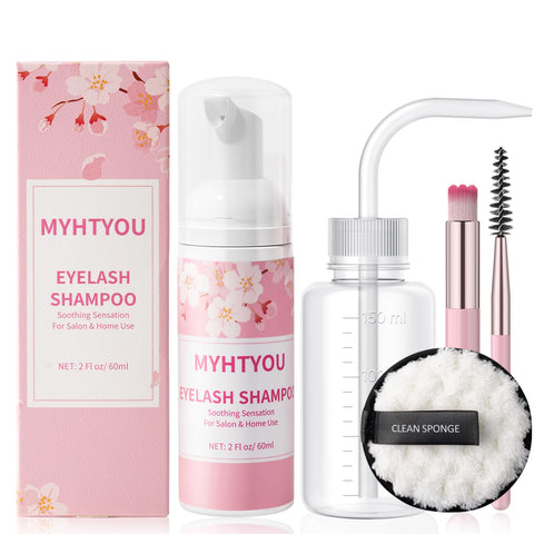 Lash Shampoo for Lash Extensions, Eyelash Extension Cleanser with Reusable Rinse Bottle and Makeup Remover Pad, One Cleansing Brush and Mascara Brush, Lash Cleaner for Home Care and Salon Use, 60ml