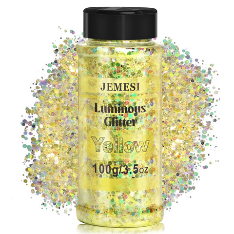 Glow in The Dark Glitter - 100g - Yellow Luminous Glitter, Cosmetic Craft Glitter for Epoxy Resin, Body, Face, Nail, Craft and Festival Party