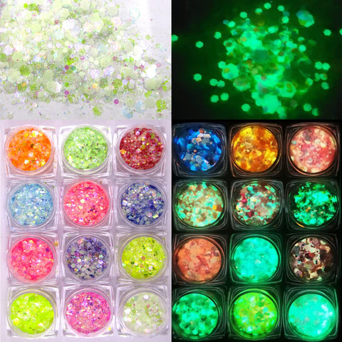 12 Colors Night Glow Chunky Glitters Flakes Luminous Neon Powder Glitter Sequins for Acrylic Nails/Crafts/Resin/Makeup/Festival/Slime