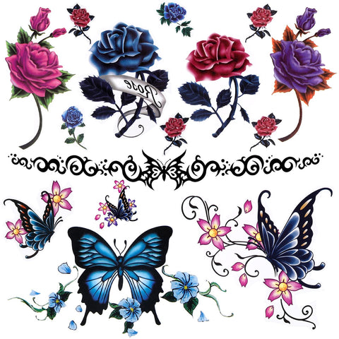 Lady Up Temporary Tattoos Stickers 20 Sheets Body Art Flowers, Roses, Butterflies Tattoo for Women, Mixed Style and Multi-Colored Waterproof 90×190mm