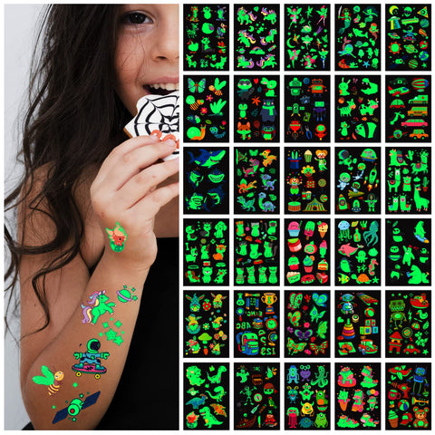 400pcs Luminous Tattoos For Kids,Mixed Styles Temporary Tattoo Stickers,Glow In The Dark Tattoos for Boys and Girls,Unicorn Mermaid Dinosaur Butterfly Fake Tattoos or more party makeup gifts 30 Sheets