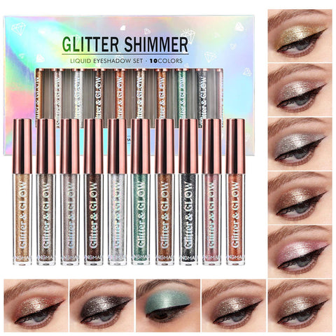 LANGMANNI 10 Pcs Liquid Glitter Eyeshadow Metallic Shimmer Glitter Eyeshadow Sweatproof Makeup Set,Glitter Pressed All Highly Pigmented Blending Powder For Woman & Girl (10pcs)