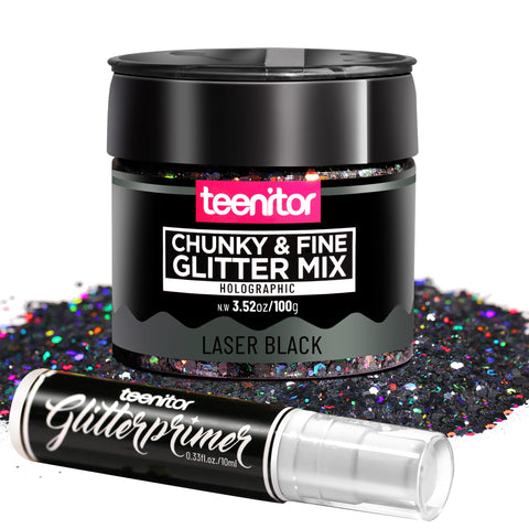 Festival Chunky and Fine Glitter Mix, Teenitor Iridescent Glitter Flakes with Glitter Primer,Face Body Eye Hair Nail Resin Tumbler Glitter Loose Glitter, Laser Black