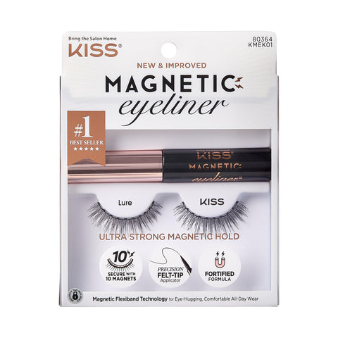 KISS Magnetic Eyeliner & Lash Kit, Lure, 1 Pair of Synthetic False Eyelashes With 5 Double Strength Magnets and Smudge Proof, Biotin Infused Black Magnetic Eyeliner with Precision Tip Brush