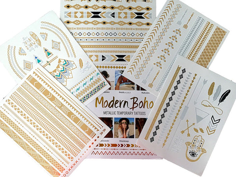 5 Sheets Metallic Tattoos Gold and Silver Flash By Modern Boho HUGE Collection (Aztec Collection)