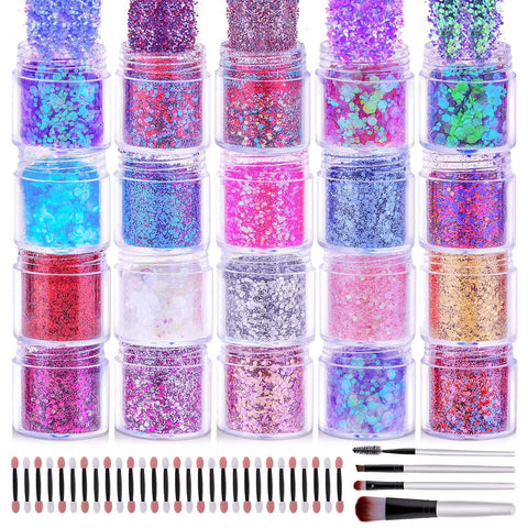 20 Pack Face Hair Glitter Chunky Makeup Glitter Holographic Body Eye Glitter for Halloween, Slime, Resin, Tumblers, Craft, Cosmetic & Nail Art