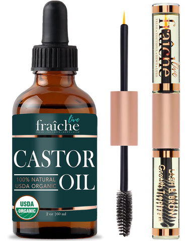 Live Fraiche Castor Oil (2oz) + Filled Mascara Tube USDA Certified Organic, 100% Pure, Cold Pressed, Hexane Free Stimulate Growth for Eyelashes, Eyebrows, Hair. Lash Growth Serum. Brow Treatment
